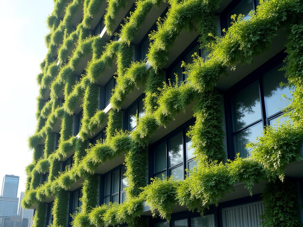 Fassade eines nachhaltigen Gebäudes mit viel Grün